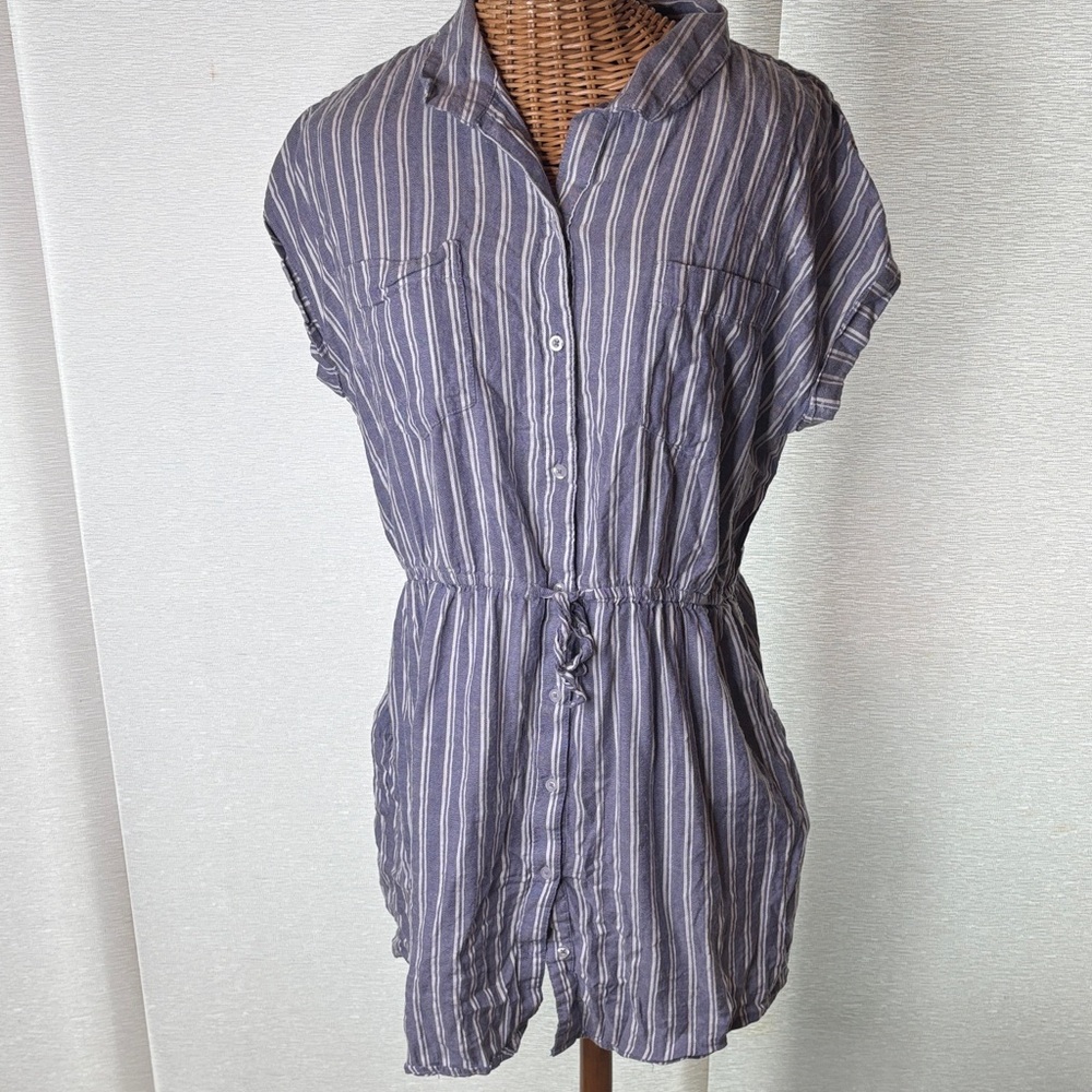 Breezy cotton Striped Button-Front Drawstring Shirt Dress beach swim coverup XL